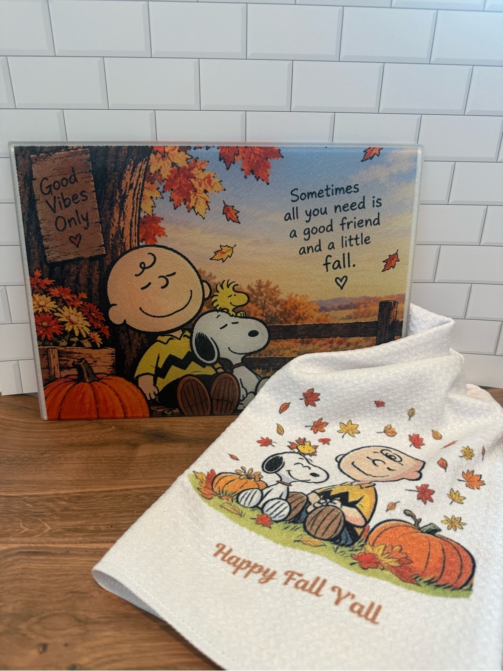 11x8 glass snoopy cutting board and kitchen waffle towel